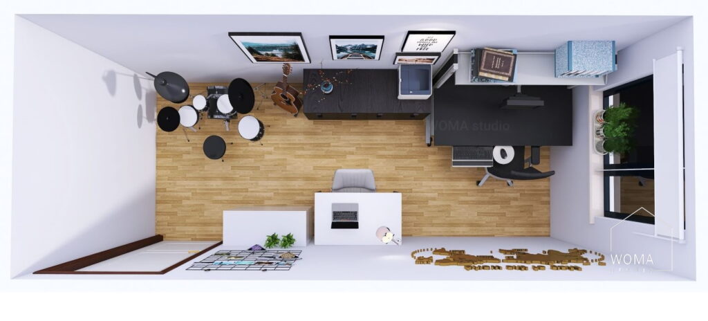Rzut pokoju z góry. Wąski i długi pokój zagospodarowany jako domowe biuro. Ściany w kolorach jasnej szarości, drewniana pogoda w kolorze dębu. Pod oknem przy jednej ścianie czarne duże biurko gamingowe. Przy biurku krzesełko gamingowe. Obok długa, czarna komoda z drukarką i biało-brązowo-turkusowym wazonem. Za biurkiem przy przeciwległej ścianie wisi duża drewniana mapa świata. Obok mapy drugie, białe biurko z szarym krzesłem. Przy biurku biała komoda. Na komodzie 2 doniczkowe kwiatki. Nad komodą metalowa kratka na zdjęcia i drobiazgi. Naprzeciwko drzwi perkusja.
