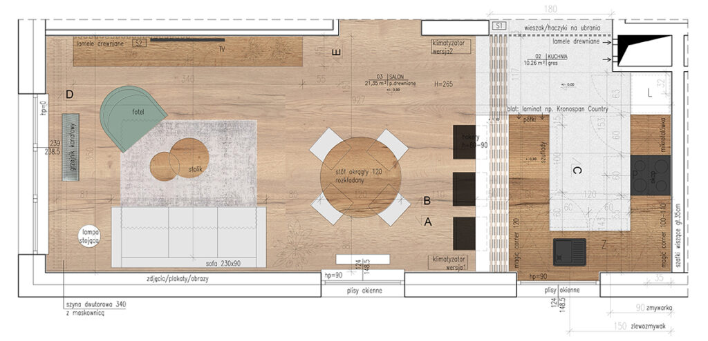 Rzut projektowanego salonu z jadalnią i aneksem kuchennym w kolorze.
