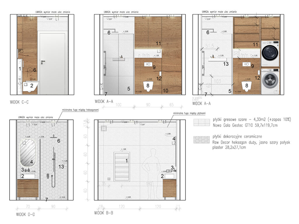 Kolorowe rysunki rozwinięcia ścian, przedstawiające projekt łazienki.