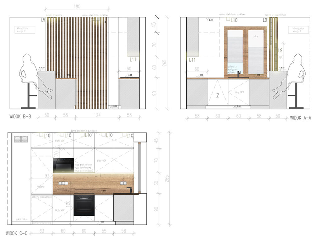 Kolorowe rysunki rozwinięcia ścian, przedstawiające projekt kuchni.