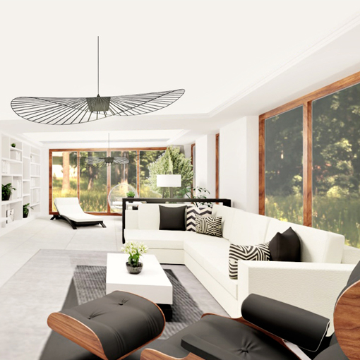 Wizualizacja salonu w domu jednorodzinnym. Na pierwszym planie fotel z podnóżkiem Eames Lounge Chair i lampa wisząca w formie kapelusza Vertigo, które są ikoną designu. W tle szezlong i fotel wiszący.