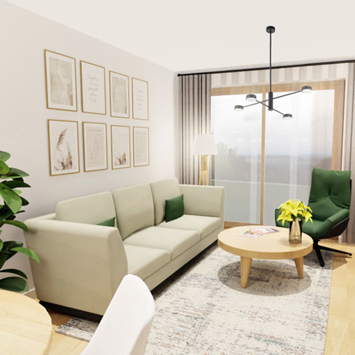 Wizualizacja nowoczesnego salonu. Na zdjęciu widać jasnoszarą sofę, drewniany stolik kawowy oraz zielony fotel. W tle lamele, meble drewniane. i dekoracyjne oświetlenie.